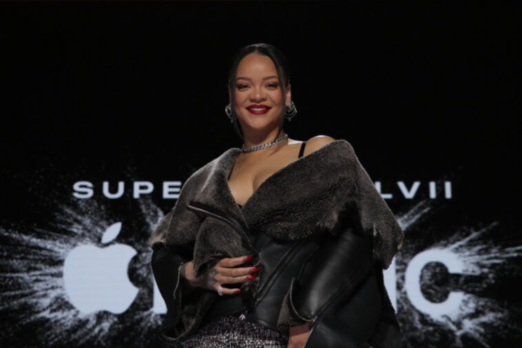 Rihanna performs at the Super Bowl LVII halftime performance