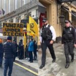 Pro-Khalistan Protesters throw ink while security keeps them away from the Indian mission in the UK