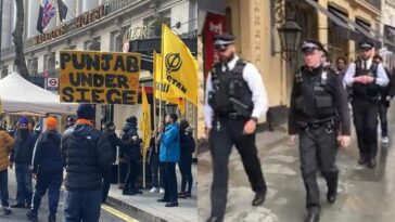 Pro-Khalistan Protesters throw ink while security keeps them away from the Indian mission in the UK
