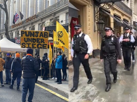 Pro-Khalistan Protesters throw ink while security keeps them away from the Indian mission in the UK