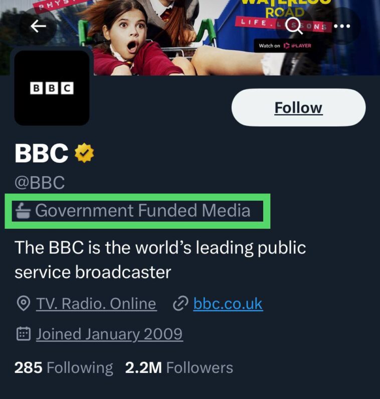 Twitter labels BBC as "government-funded media"