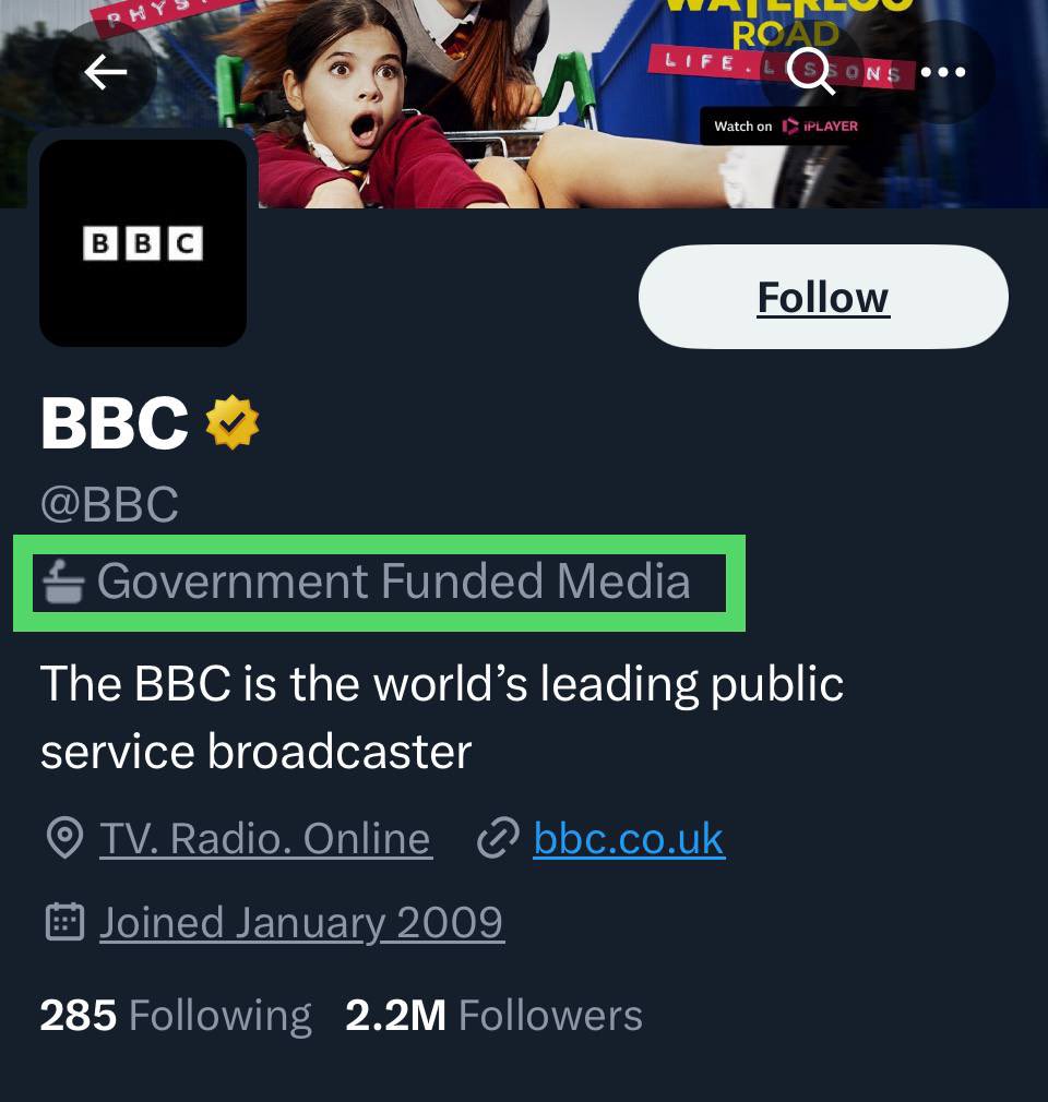 Twitter labels BBC as "government-funded media"