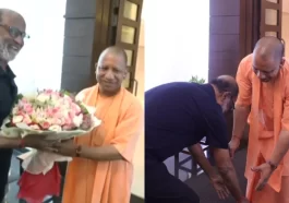 Rajinikanth touches UP CM's feet in Lucknow.