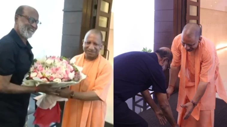 Rajinikanth touches UP CM's feet in Lucknow.