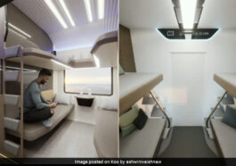 The railways minister shows photos of the Vande Bharat sleeper compartment.