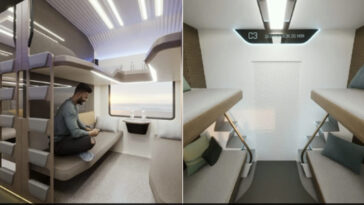 The railways minister shows photos of the Vande Bharat sleeper compartment.