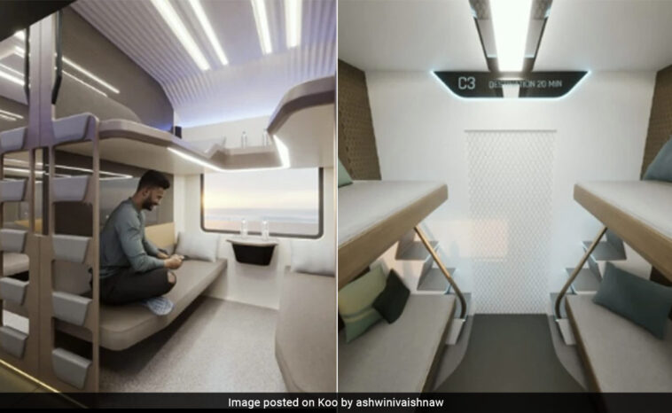 The railways minister shows photos of the Vande Bharat sleeper compartment.