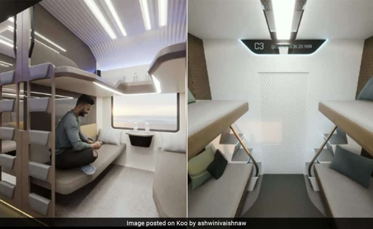 The railways minister shows photos of the Vande Bharat sleeper compartment.